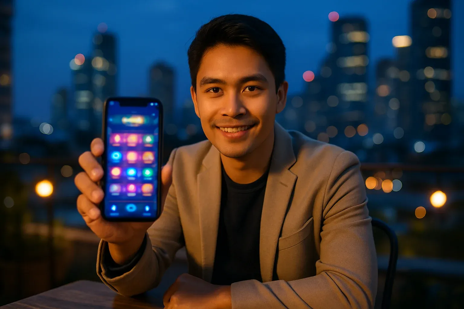 Filipino man at BGC rooftop cafe showing blurred casino app screen