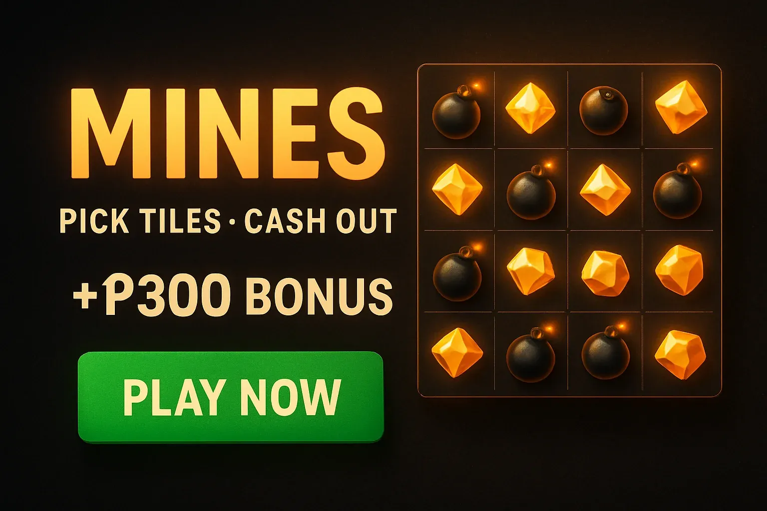 Mines game banner with glowing grid, gold gems, and green CTA button