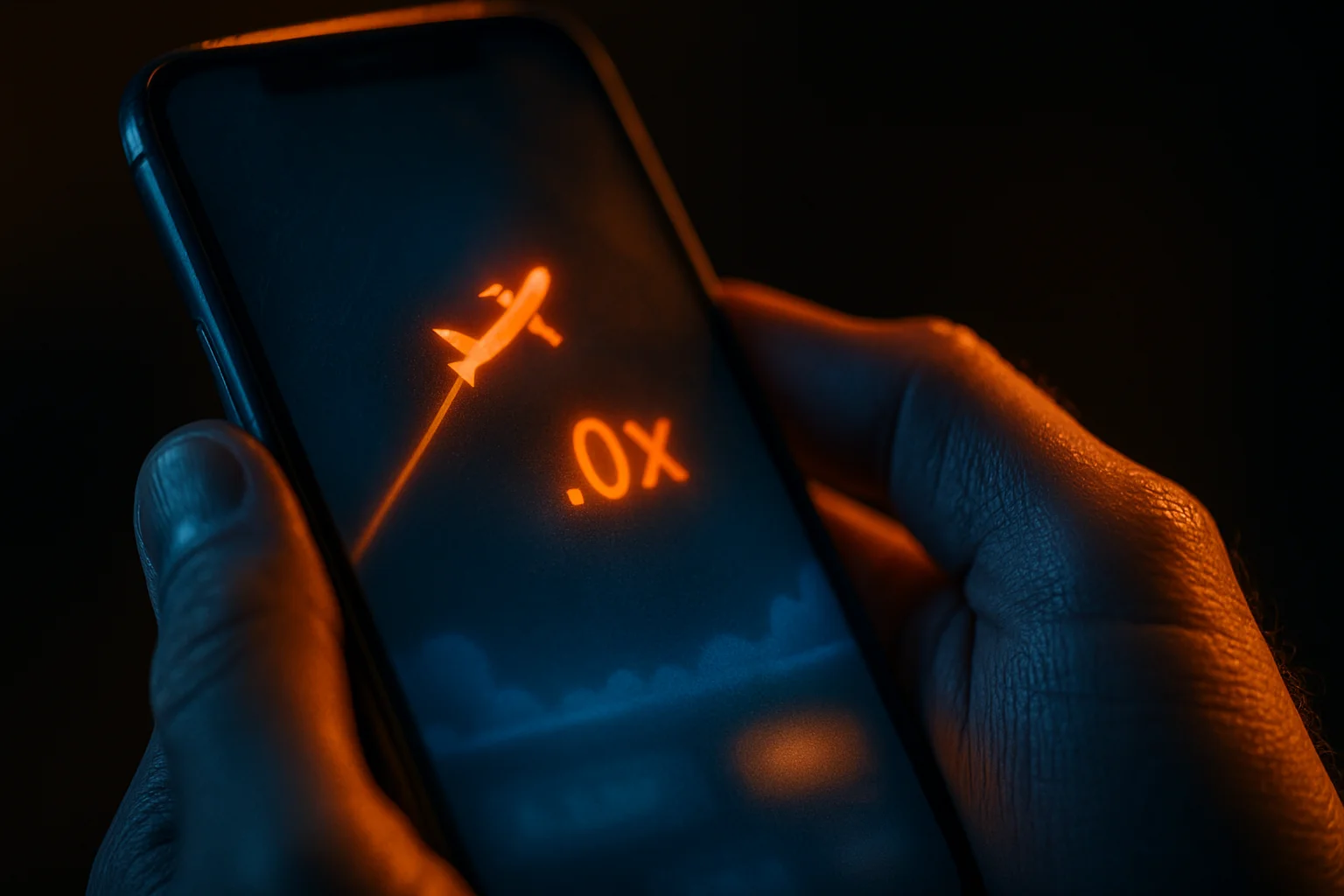 Macro close-up of smartphone showing blurred Aviator crash game interface glow