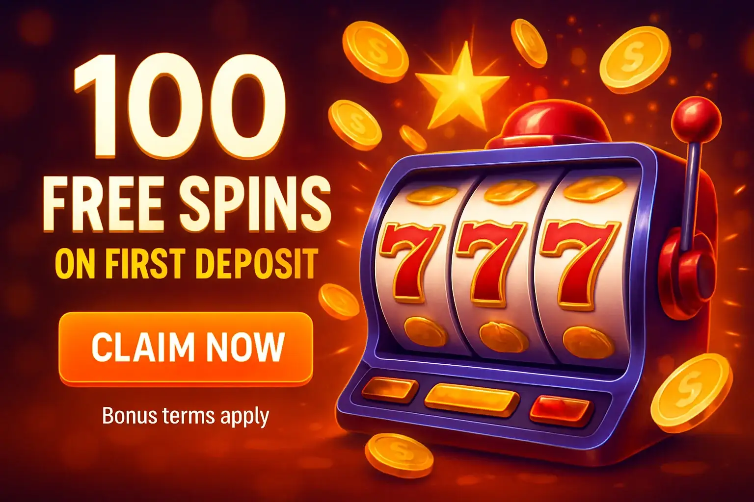 Colorful casino free spins banner with slot machine, coins, and claim now button