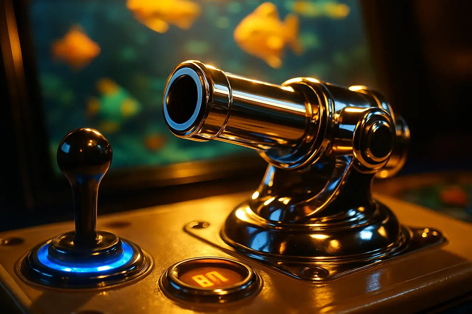 Hyperrealistic close-up of chrome fishing game cannon with LED joystick and target