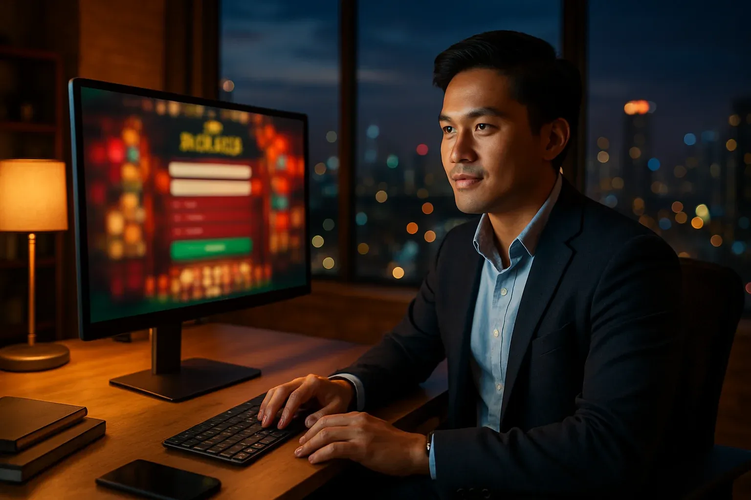 Filipino young professional registering on casino site at modern Manila home office