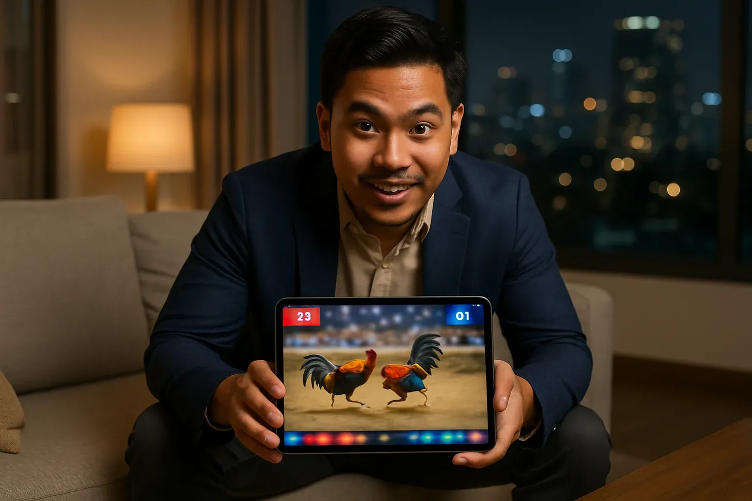 Filipino man holding tablet showing blurred live sabong stream in Manila living room