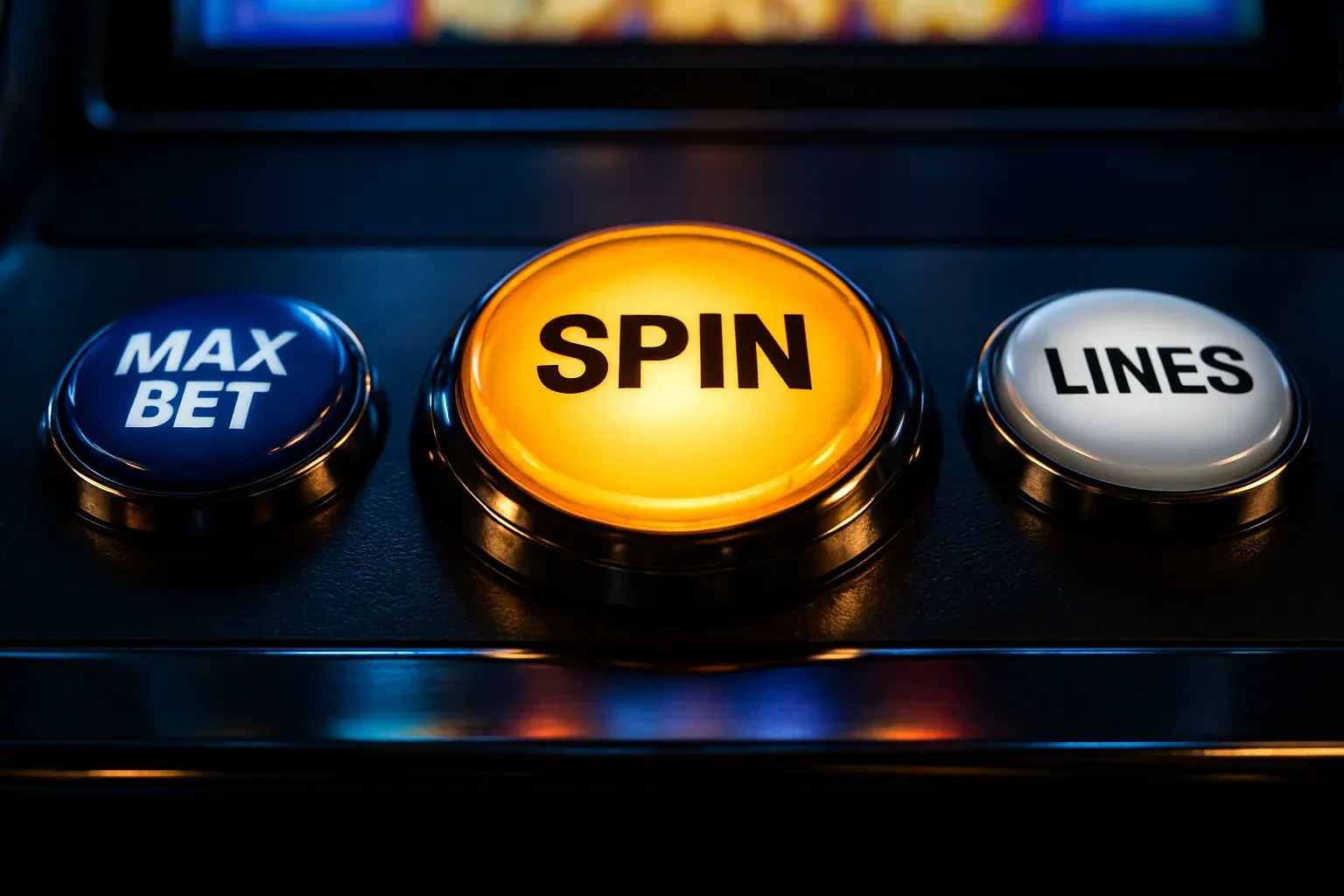 Hyperrealistic macro slot machine control panel with glowing gold spin button