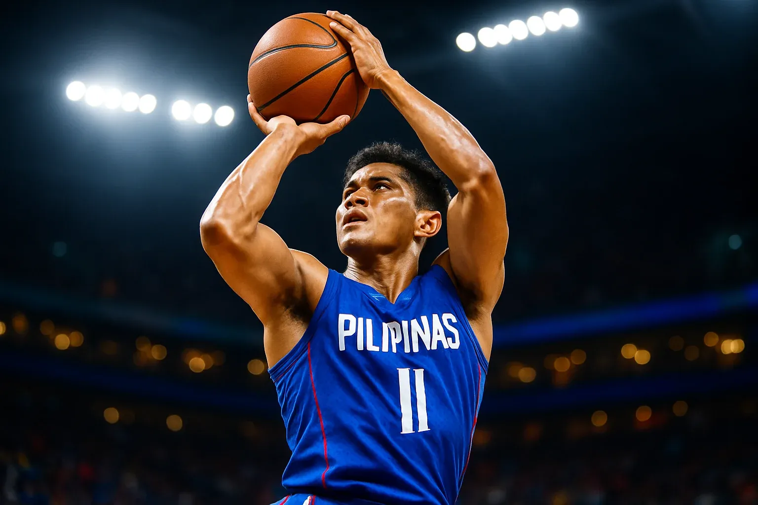 Filipino basketball player mid-range jump shot under Philippine Arena floodlights